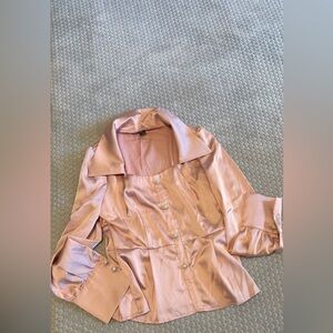 SHEIN solid button-up satin shirt in a light pink color with pearl-style button